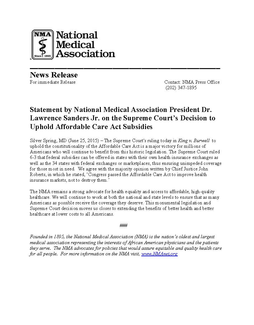 NMA supports SCOTUS decision to uphold ACA subsidies