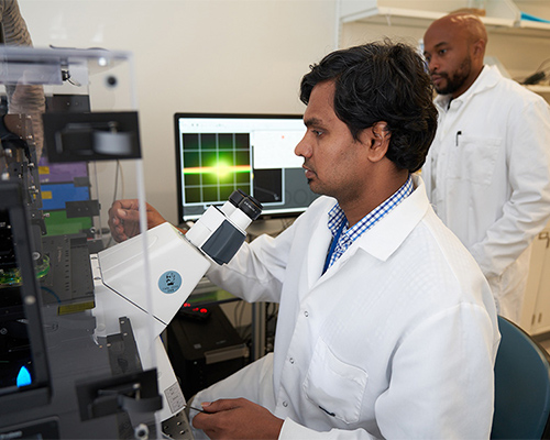 a man uses a machine to run samples