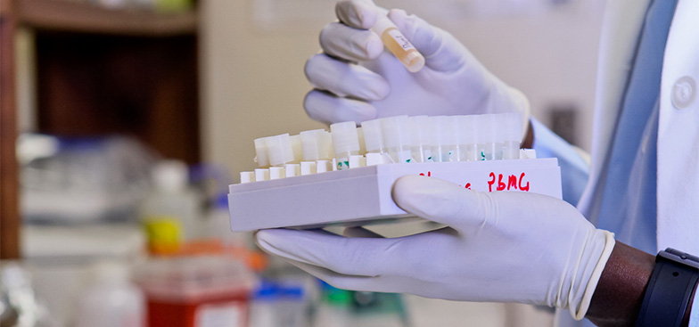 a person wearing gloves holds vials