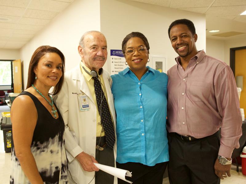 (l. to r.): On location at MSM with Gina Towns Thompson, Director of Events at MSM, Dr. Roland Pattillo, Oprah as Deborah Lacks and Dr. Winston Thompson.