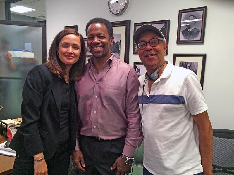 Dr. Thompson Center flanked by George C. Wolfe, Director and Rose Byrne 