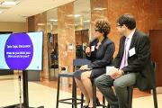 (L-R) Carla Easter, Ph.D. chief of the Education and Community Involvement Branch, NHGRI, and David Kaufman, Ph.D., program director, Division of Genomics and Society engage community members about their information needs