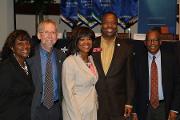 (L-R) Sandra Harris-Hooker, Ph.D., Vice President & Executive Vice Dean. Research & Academic Administration, Eric Green, M.D., Ph.D., Director, NHGRI, with Valerie Montgomery Rice, M.D., President and Dean, MSM, Rep. Derrick Jackson (District 64), Mr. Vence Bonham, J.D., Jr., J.D. , Senior Advisor to the NHGRI Director on Genomics and Health Disparities