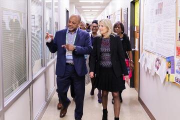 James Lillard, Ph.D. guides Dr. Jill Biden on a tour of MSM's campus.