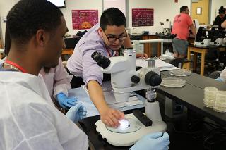 A man places a circular slide onto a microscope