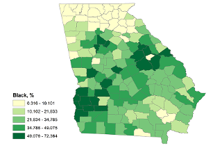 a map showing the proportion of county population that is Black in Georgia counties