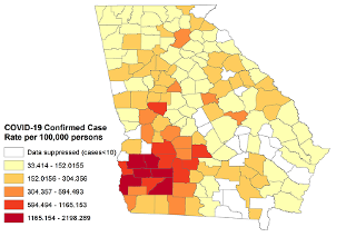 a map showing confirmed cases of COVID-19 in Georgia counties