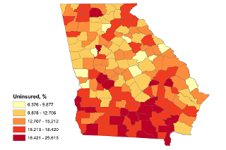 a map showing the proportion of county population that is uninsured in Georgia counties