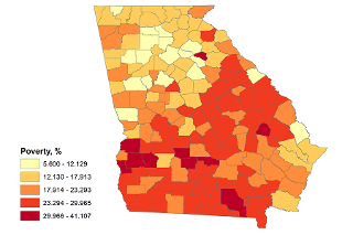 a map showing the proportion of county population that is living below federal poverty level in Georgia counties